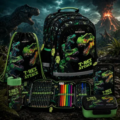 Produktbild von 5in1 Dinosaurier SCHULRUCKSACK SCHULRANZEN Set Ranzen Federmäppchen Turnbeutel fur jungen T-REX DINO Tyrannosaurus, KI-generiertes Bild