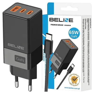 Obrázok produktu pre Beline Ład. Siete. 2X Usb-C + 1X Usb 65W + Usb-C Kábel Čierny/Čierny Pd 3.0 + Qc 3.0 Bln3Cb65C Gan