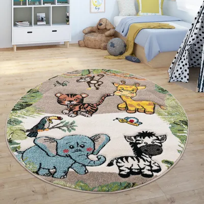 Produktbild von Kinderteppich Kinderzimmer Dschungel Tiere Giraffe Löwe Affe Zebra Beige Creme Grösse Ø 120 cm Rund