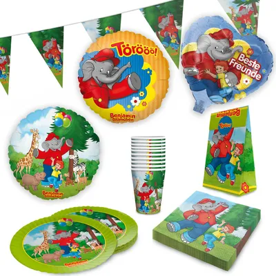 Produktbild von Benjamin Blümchen Partyset 55-tlg – Geschirr, Servietten, Folienballons & Deko
