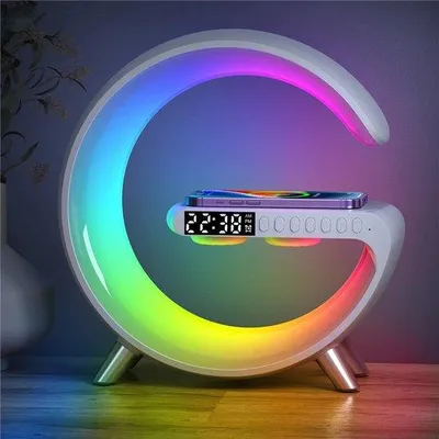 Obrázek produktu pro Chytrý světelný budík s funkcí stolní lampy – bezdrátová nabíječka – budík s nočním světlem – bílý