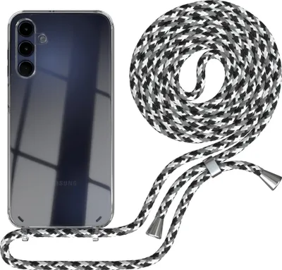 Zdjęcie produktu dla EAZY CASE łańcuszek do telefonu komórkowego kompatybilny z Samsung Galaxy A15, etui na telefon komórkowy ze smyczą, sznurek do telefonu komórkowego, przezroczyste etui ochronne, pasek w kolorze czarnym