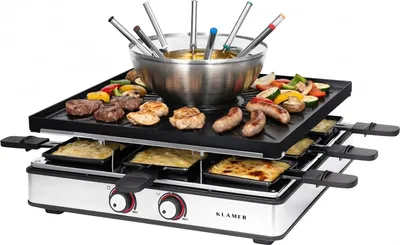 Produktbild von KLAMER Raclette Fondue Kombi für 8 Personen, 3-in-1 Raclette-Grill, Fondue & Tischgrill, 2m Kabel, ILAG Antihaftbeschichtung, inkl. 8 Holzspatel, Pfännchen und Fonduegabeln, Deutsche Marke Berlin