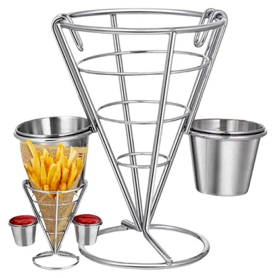 Produktbild von Pommes-Frites-Ständer, Kegelförmiger Drahtkorb für Dipschalen, Serviergestell für Snack-Chips und Vorspeisenchips