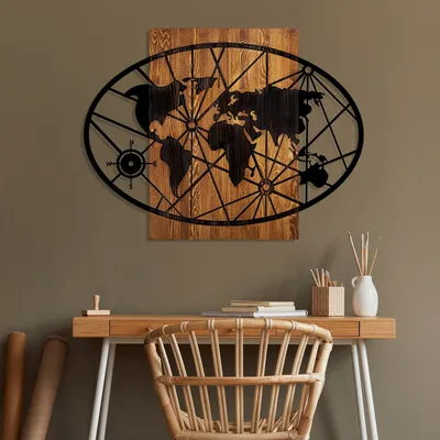 Image de Wallity, World Map 4-L, Accessoire mural décoratif en bois, 100 % BOIS / MÉTAL, noyer, 70 x 92 cm