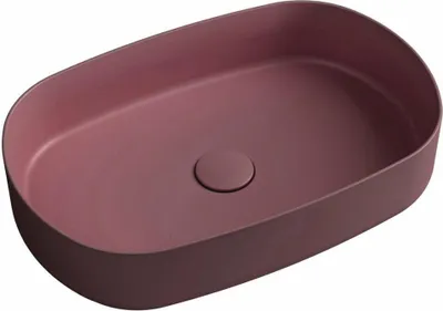 A maroon red oval-shaped vessel sink with a matte finish is shown from a slightly elevated angle against a white background.