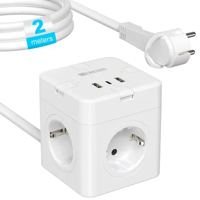 Zdjęcie produktu dla Gniazdko z 1 USB C i 2 USB - 4 gniazdka AC z kablem 2 m, Białe
