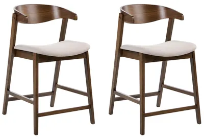 Produktbild von BELIANI Barstuhl 2er Set Dunkelbraun u. Beige Gummibaumholz Gepolstert mit Lehne Fußstütze Klassisches Design Holzbarstuhl mit Polstersitz