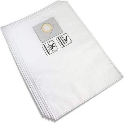 A stack of white vacuum cleaner bags with a gray attachment and two icons indicating usage.