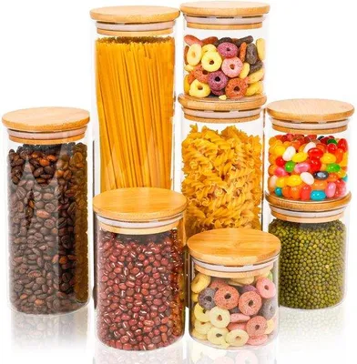 Produktbild von Famanu Vorratsbehälter Set – 8 luftdichte Glasbehälter mit Holzdeckel