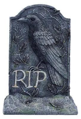 Produktbild von ";The Last Perch"; Raben Grabstein 25cm – Gothic Grabstein Deko mit Rabe & RIP Schriftzug – Halloween Fantasy Wohnaccessoire