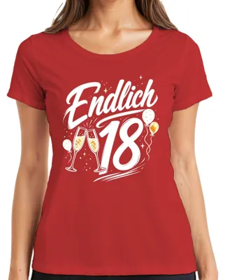 Immagine prodotto di Finalmente 18 anni, maglietta da donna, rossa, taglia M, con scritta "Compleanno, maggiorenne", stile ironico