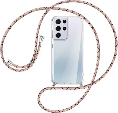 Produktbild von Handykette Backcover-Schutzhülle mit Band (Metall silberfarben) für Samsung Galaxy S21 Ultra 5G - rosa Karo