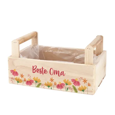 Produktbild von Geschenkbox aus Holz zum selbst Befüllen - mit Blumenmotiv und Aufschrift "Beste Oma"