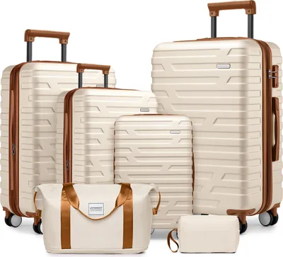 Obrázek produktu pro okwish 6dílný set kufrů Klasická sada zavazadel s cestovními taškami a rozšiřitelnými kolečky, skořepinové kufry s geometrickým designem, Krémová