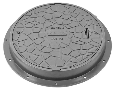 Produktbild von Schachtdeckel DN600 Kunststoff + Rahmen Ø 800 mm und Verriegelung – A15 belastbar bis 1,5 T,Farbe:grau