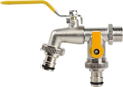 Produktbild von Inklusive Außenschlauch- und -Kopf-Doppel- Außenschlauch Wasserhahn - Frost- und Korrosionsbeständig - 1/2 Zoll Eingang und 2x 3/4 Zoll Ausgang - Doppel-Freisitz-Wasserhahn mit Absperrband und Schlauchanschlüssen - Gelb