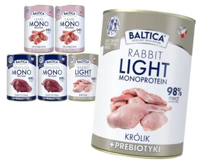 Produktbild von Baltica Monoprotein 6x400g Hypoallergenes Getreidefreies Nassfutter für Hunde mit Präbiotika Mix 3 Geschmacksrichtungen