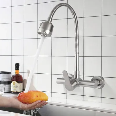 Produktbild von Wandmontagearmatur, Einhebelmischbatterie, Küchenwandarmatur, Edelstahl, Kalt- und Warmwasser Küchenarmatur, Wandmontage, 360 Grad drehbare Spülbeckenarmatur, gebürstet