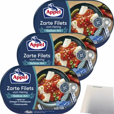 Produktbild von Appel zarte Filets vom Hering Balkan Art 3er Pack (3x200g Dose) + usy Block