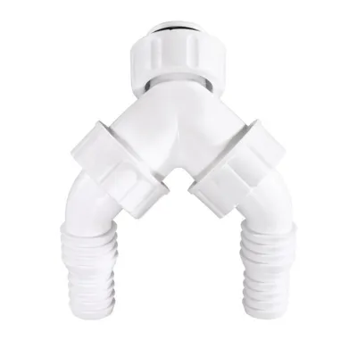A white plastic Y-shaped pipe fitting with threaded ends, shown against a white background.