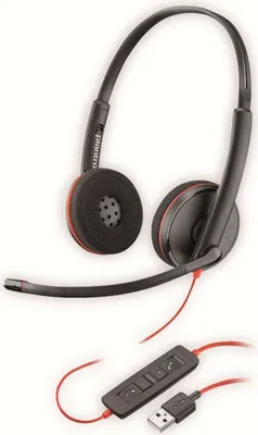 A black and red headset with a microphone and USB connector.