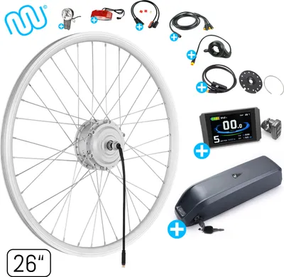 Produktbild von windmeile | Kompakter E-Bike Umbausatz, Hinterrad Motor, inklusive Akku, mit komplettem Zubehör, Silber, 26" Zoll, Umbau Kit, Pedelec