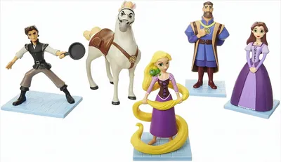 A collection of Disney Tangled character figurines on a white background.