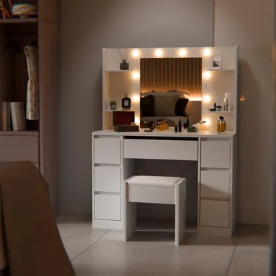 Produktbild von Juskys Schminktisch Malia und Hocker Melly mit LED, 7 Schubladen & großem Spiegel – Weiß