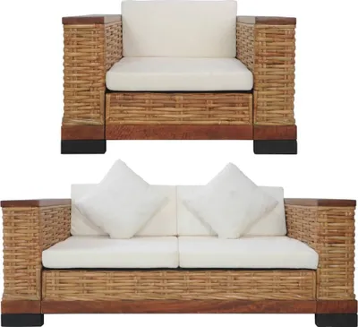 Produktbild von 2-tlg. Sofagarnitur mit Auflagen Braun Natur Rattan
