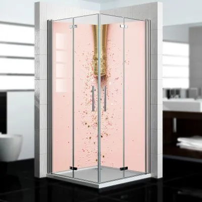 Produktbild von dedeco Eck-Duschrückwände Aluminium wasserfest Motiv: Cheers V2, 2 x 80x210x0,3cm, Fliesenersatz fugenlos Wandverkleidung Wandpaneele,  Germany