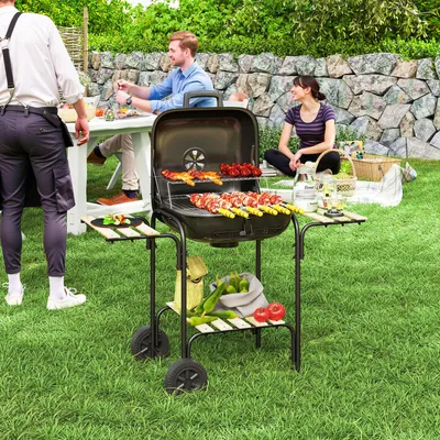 Produktbild von Holzkohlegrill Grillwagen mit abschließbarem Deckel, BBQ Holzkohlegrill, Stahl, Schwarz | 98 x 54 x 91 cm | Holzablage, Räder | 9 kg