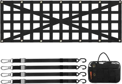 Zdjęcie produktu dla Siatka na tylną klapę VEVOR, 137 x 46 cm, siatka na łóżko ciężarówki z 4 regulowanymi paskami teleskopowymi, wzmocniona krzyżowo, rozciągliwa i trwała