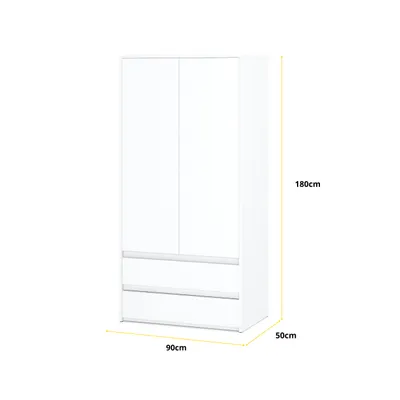 Immagine prodotto di Armadio JOELLE 90 cm bianco opaco, ante battenti, 2 ante, 2 cassetti, asta appendiabiti, 3 vani, L90 x A180 x P50 cm