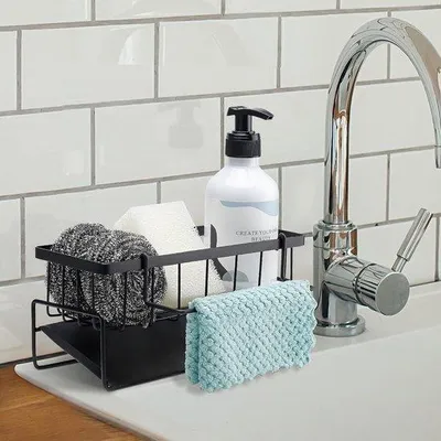 Imagen del producto de Organizador para fregadero Unyqoos® con escurridor – acero inoxidable SUS304, espacio para esponjas, jabón y cepillos, con barra integrada, incluye paño de limpieza