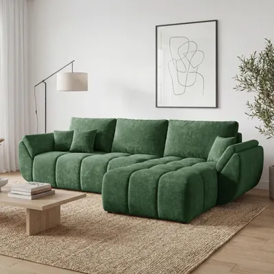 Produktbild von EZIMPAZ Ecksofa CALVANI Gesteppt mit Schlaffunktion und Bettkasten Grün Rechts