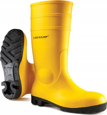 A pair of yellow Dunlop work boots shown against a white background.