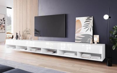 Minio, TV skrinka, TV stolík "ANNE", 300 cm, biely mat/biela farba s vysokým leskom