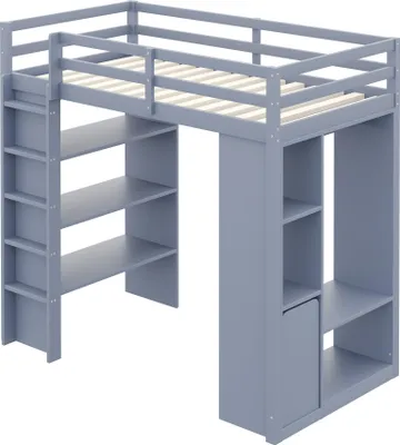 Produktbild von okwish Kinderbett 90×200 mit mehrstufigen Regalen,Hochbett mit Einfachen Kleiderbügeln und Ablagefächern,Etagenbett mit 1 Herausnehmbaren Organisationswagen,ohne Matratze,Grau