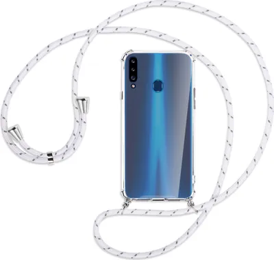 Produktbild von Handykette Backcover-Schutzhülle mit Band (Metall silberfarben) für Samsung Galaxy A20s - weiß/grau