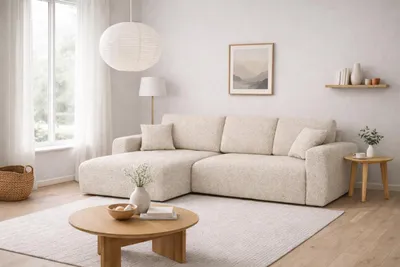 Image de Canapé d'angle   avec fonction couchage et  coffre de rangement, forme en L, Ivo XL, tissu chenille Artico, Nata, gauche