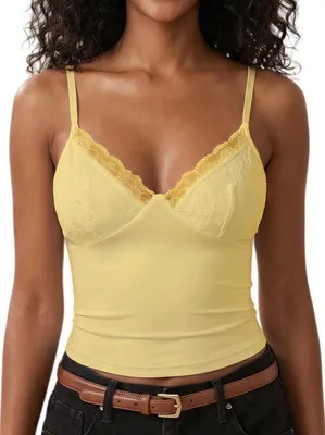 Produktbild von Ärmelloses Damen T-Shirt mit Spitze - y V-Ausschnitt Sommer Crop Top