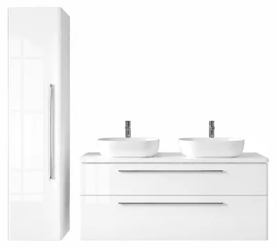 Produktbild von Badmöbel Set MOBI 120 cm - Weiß Hochglanz - 2 Waschbecken - Waschbeckenunterschränke + Hochschrank - Badezimmerschränk