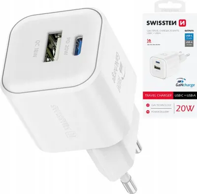 Immagine prodotto di Caricabatterie da viaggio gan 1x usb-c 20w pd + 1x usb-a 18w qc bianco