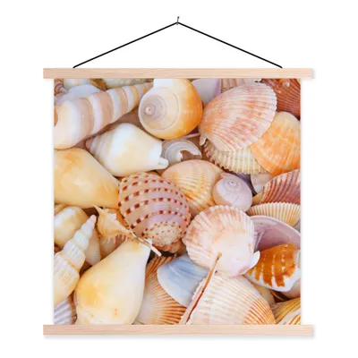 Produktbild von MuchoWow® Textilposter Muscheln - Strand - Sommer - Orange 120x120 cm mit holzfarbenen Rahmen - Textil-Poster