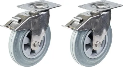 Zdjęcie produktu dla 200 mm 8" kółko ze stali nierdzewnej, szara guma, obrotowe z hamulcem, 410 kg, zestaw 2 szt
