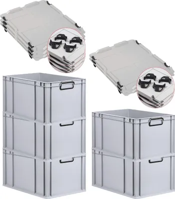 Produktbild von SparSet 5x Eurobox NextGen Color mit Auflagedeckel und Schiebeschnappverschlüsse | HxBxT 32x40x60cm | 65 Liter | Grau | Griffe schwarz geschlossen | Verstärkter Boden | Eurobehälter, Transportbox, Transportbehälter, Stapelbehälter