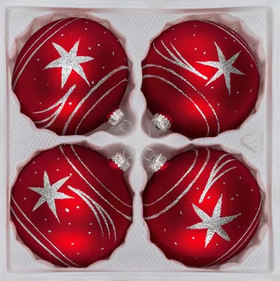 Produktbild von 4 tlg. Glas-Weihnachtskugeln Set 8cm Ø in Classic Rot Silber Komet