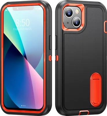 Immagine prodotto di Custodia per iPhone 13 /iPhone 14 Custodia protettiva ibrida antiurto a tre strati con supporto Nero Arancione