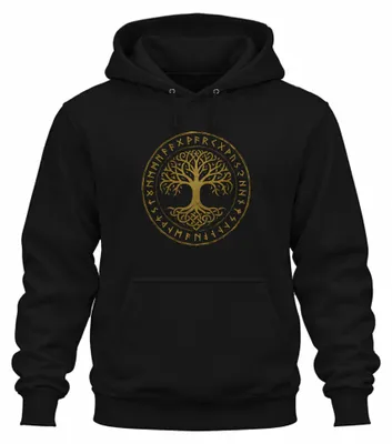 Produktbild von Yggdrasil Baum des Lebens keltisch nordisch Runen Mystik Hoodie Kapuzenpullover, Schwarz, S